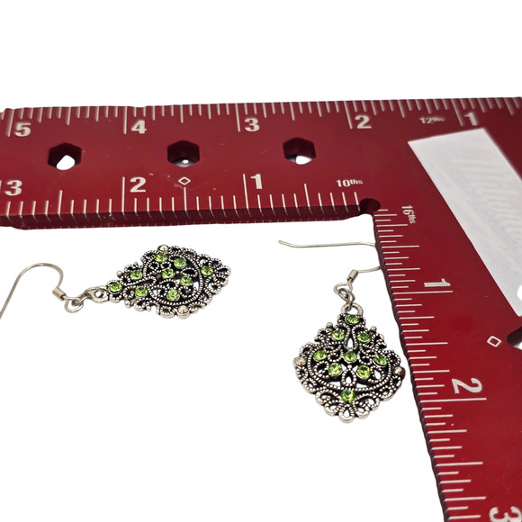 Pierced Earrings Filigree Dangle Drop Silver Tone Green Rhinestone Hook Boho - Picture 5 of 7